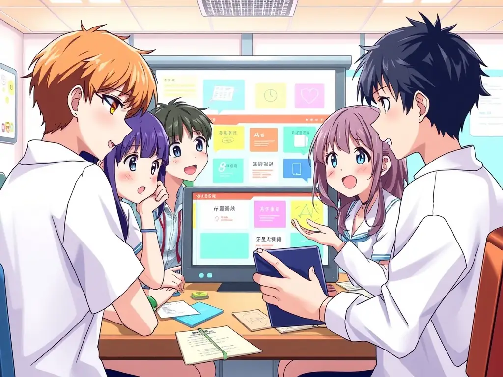 An image featuring teenagers working together on a digital media project in the library's computer lab, showcasing their creativity and collaboration skills in a modern learning environment.