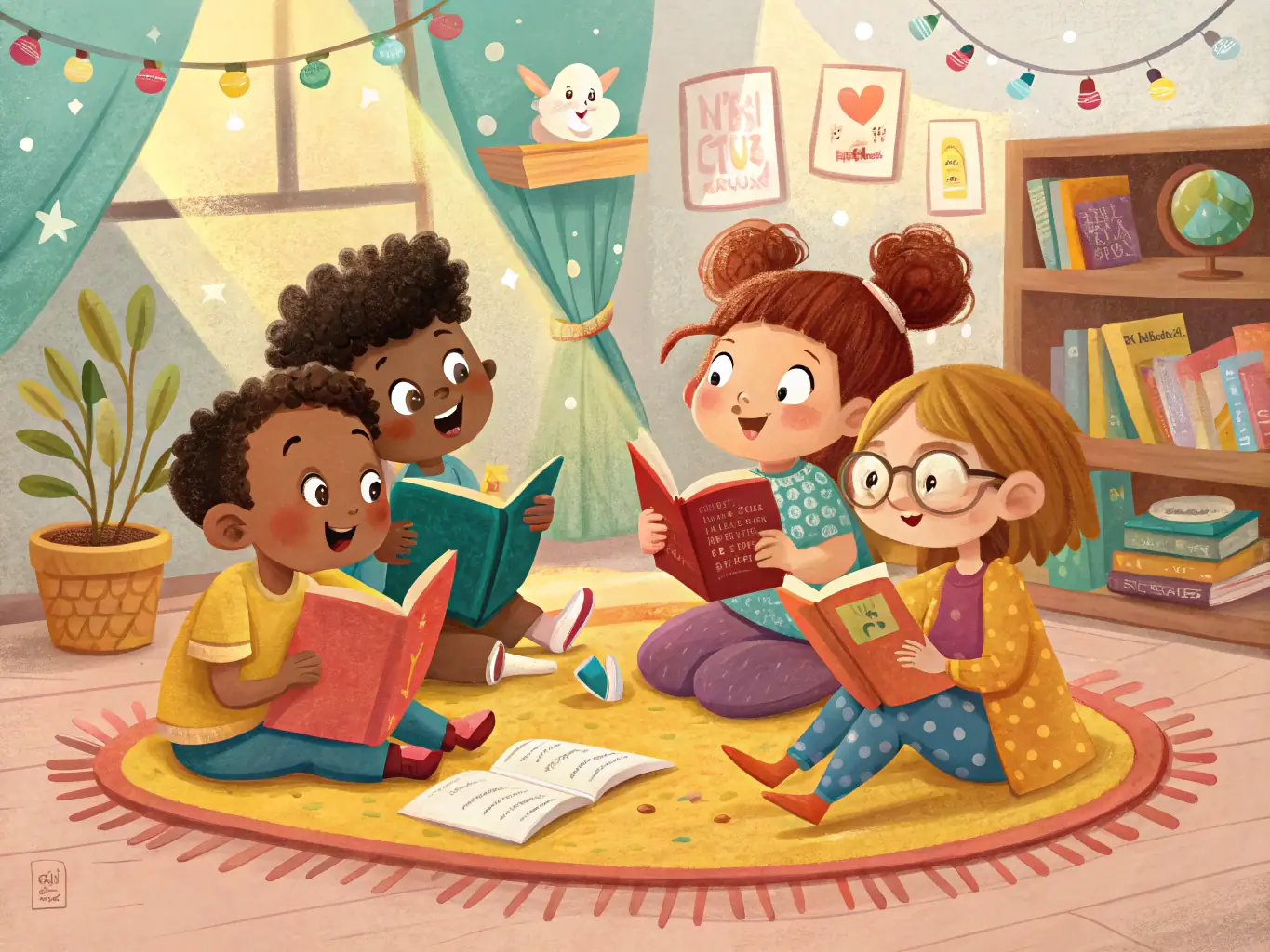 A vibrant image depicting children participating in a storytelling session at the library, surrounded by colorful books and engaging props, capturing the joy of learning and imagination.