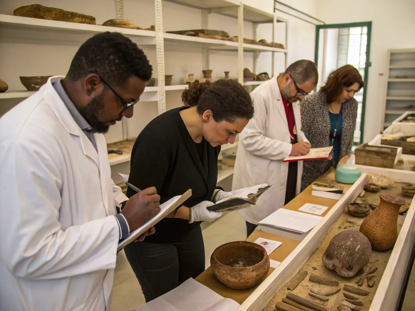 A photograph showcasing adults attending a historical archive workshop, examining old documents and artifacts under the guidance of an expert, highlighting the importance of preserving local history.
