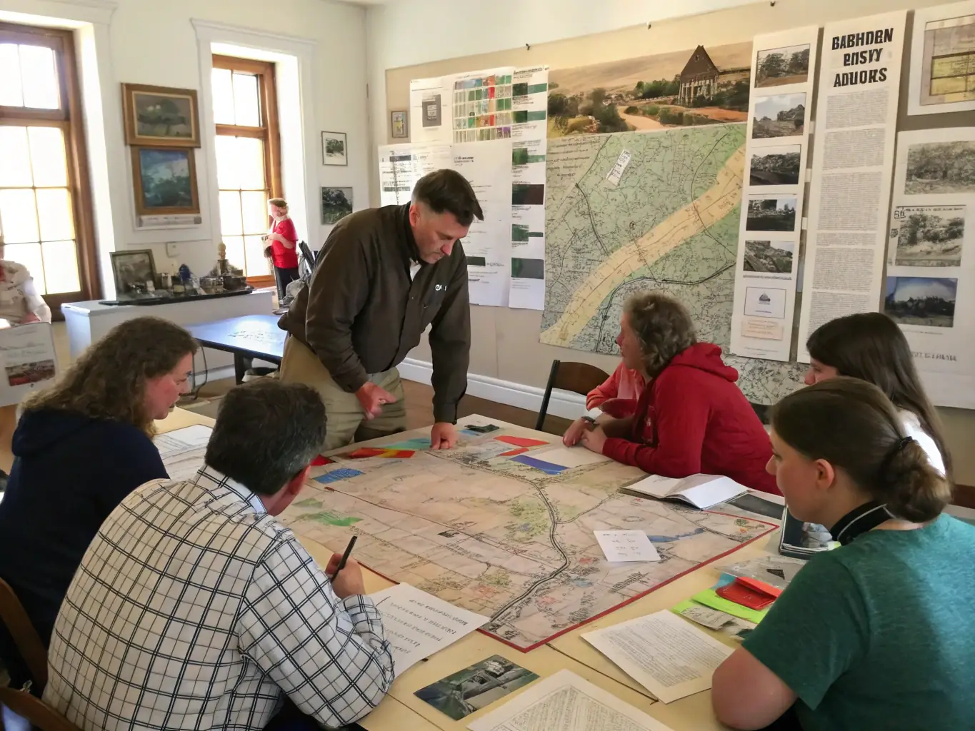 A photograph of a workshop in progress at AD HOC, with participants actively engaged in a discussion about archival materials.