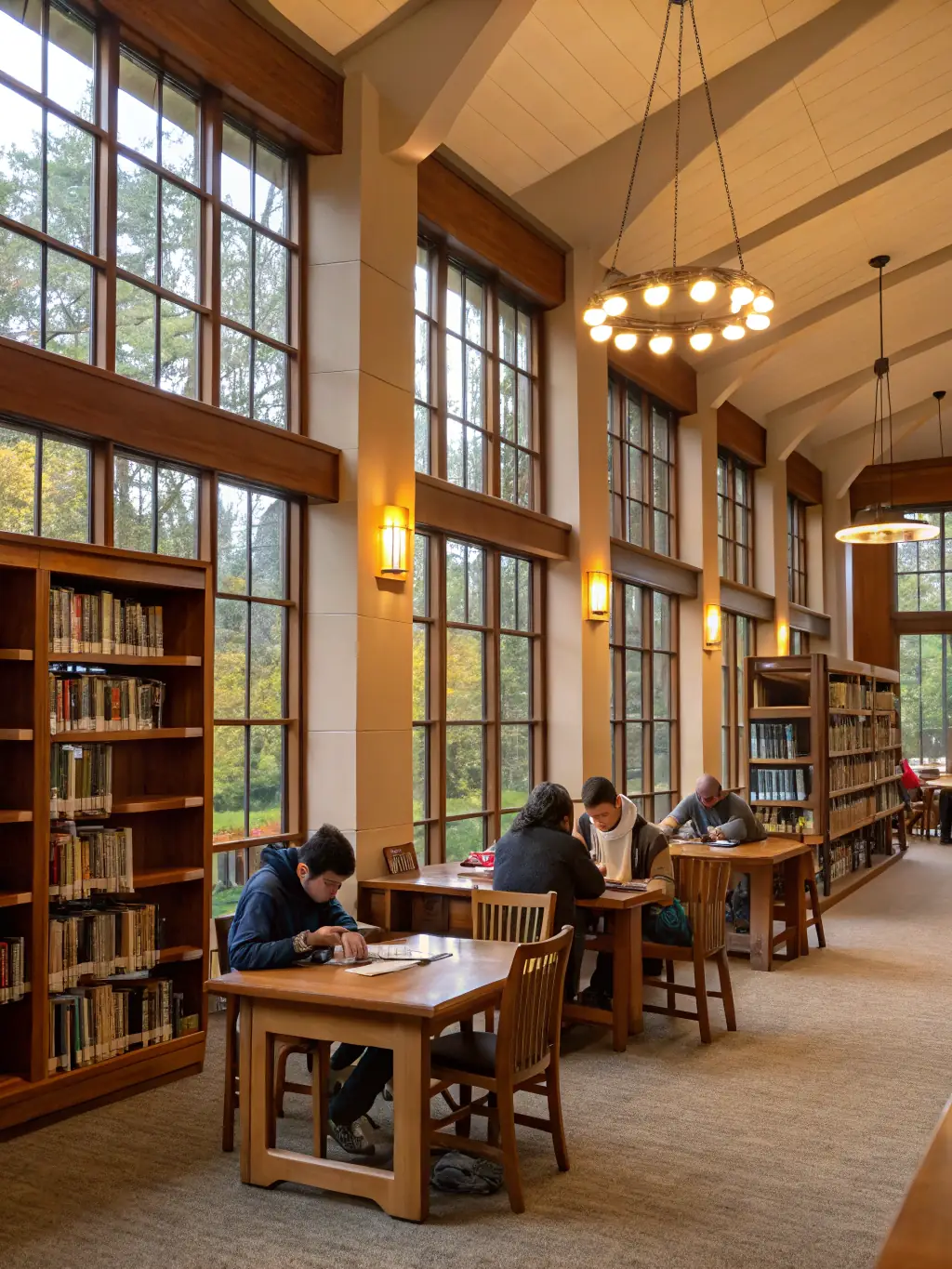 A wide shot of the AD HOC library's reading room, filled with natural light and researchers engrossed in books and digital resources.